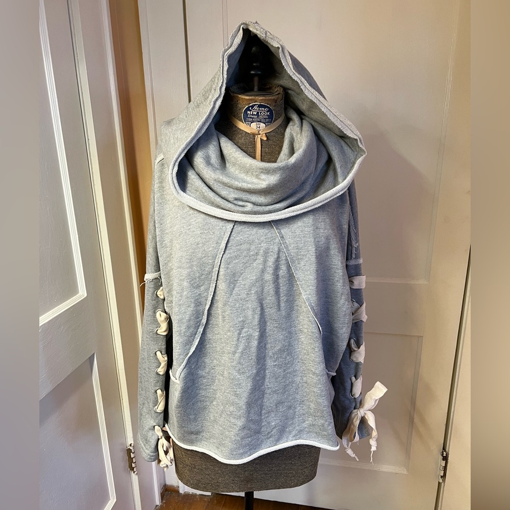 Vici Boutique Grey Oversized Drop Shoulder Hoodie Sweater with Lace Up Accent